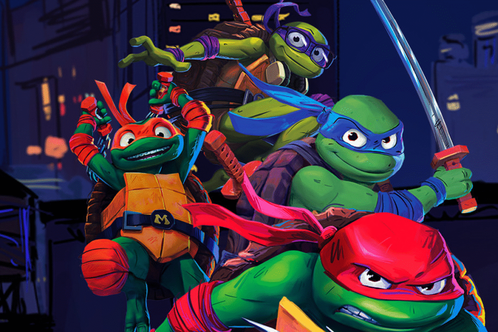 quatro tartarugas antropomórficas, usando bandanas coloridas, empunhando armas marciais, em uma cidae, em posição de combate