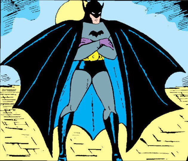 O Batman, na arte de Bob Kane, em sua primeira aparição após as sugestões de Bill Finger.