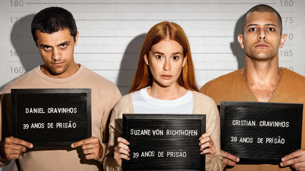 Felipe Simas, Marina Ruy Barbosa e Kelner Macêdo caracterizados em 'Tremembé: A Prisão dos Famosos'