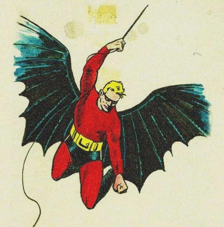 Esboço inicial do que seria o visual original do Batman por Bob Kane antes das sugestões de Bill Finger.